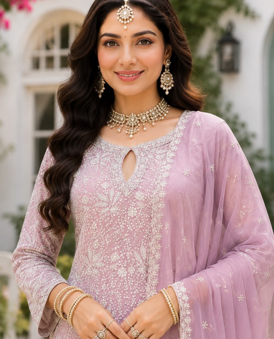 LAVENDER - Lavender Georgette Salwar Suit with Chikankari and Embroidered Work