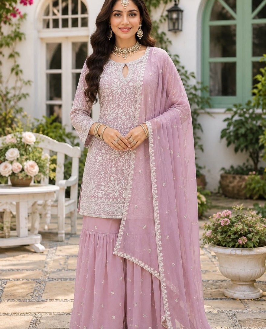 LAVENDER - Lavender Georgette Salwar Suit with Chikankari and Embroidered Work