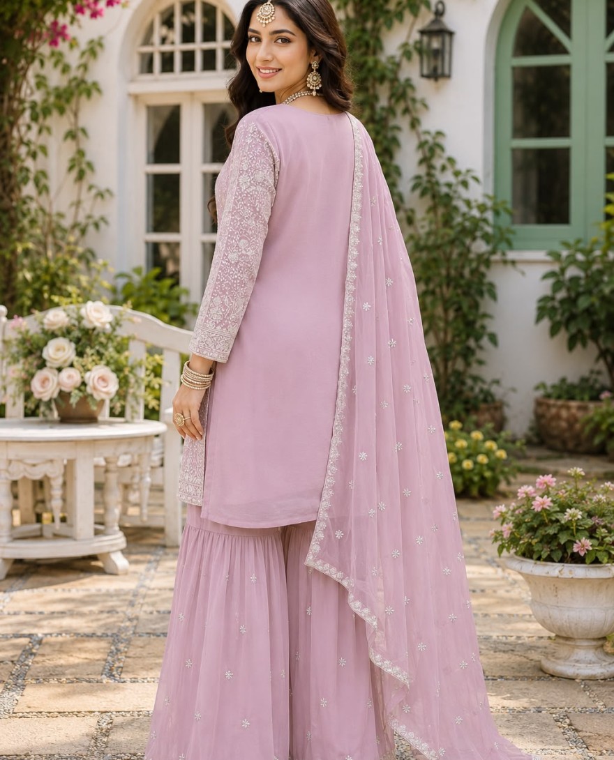 LAVENDER - Lavender Georgette Salwar Suit with Chikankari and Embroidered Work