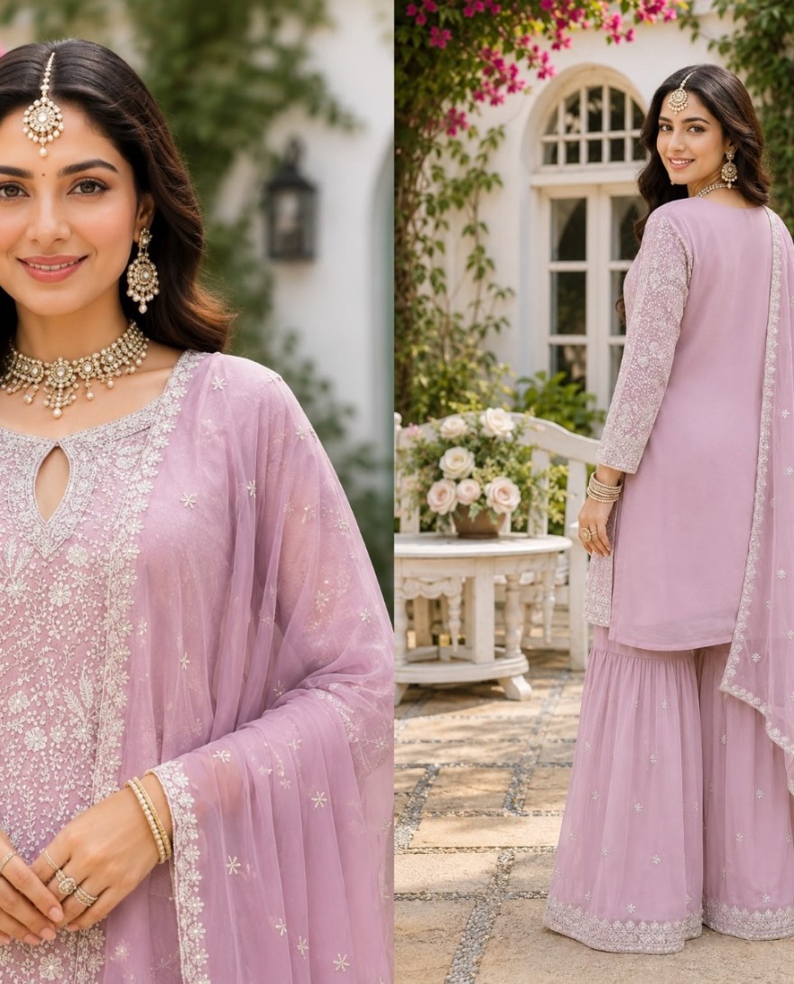 LAVENDER - Lavender Georgette Salwar Suit with Chikankari and Embroidered Work