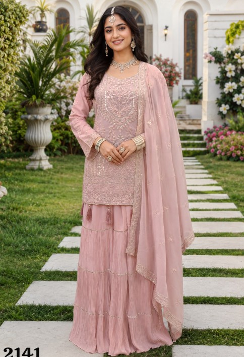 Pink Georgette Chikankari and Embroidered Work Palazzo Salwar Suit for Ceremonial