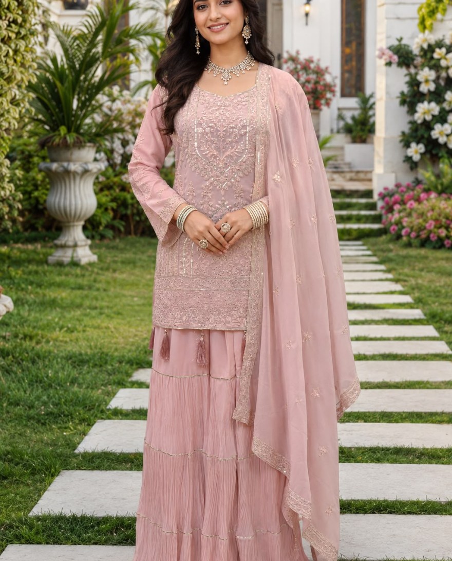 PINK - Pink Georgette Chikankari and Embroidered Work Palazzo Salwar Suit for Ceremonial