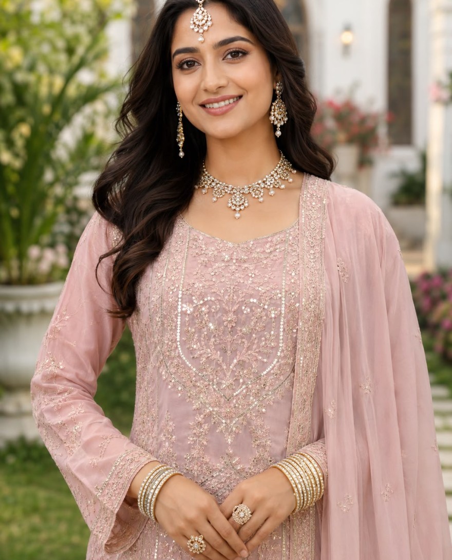 PINK - Pink Georgette Chikankari and Embroidered Work Palazzo Salwar Suit for Ceremonial