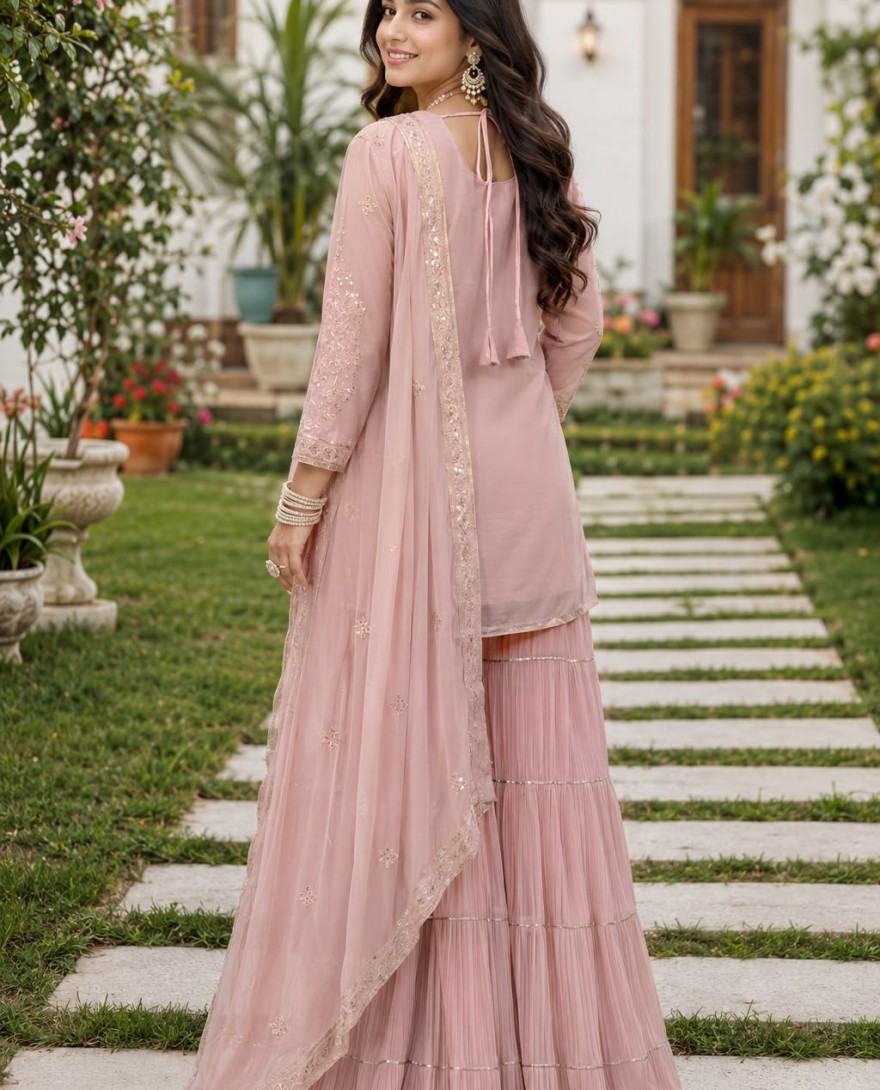 PINK - Pink Georgette Chikankari and Embroidered Work Palazzo Salwar Suit for Ceremonial