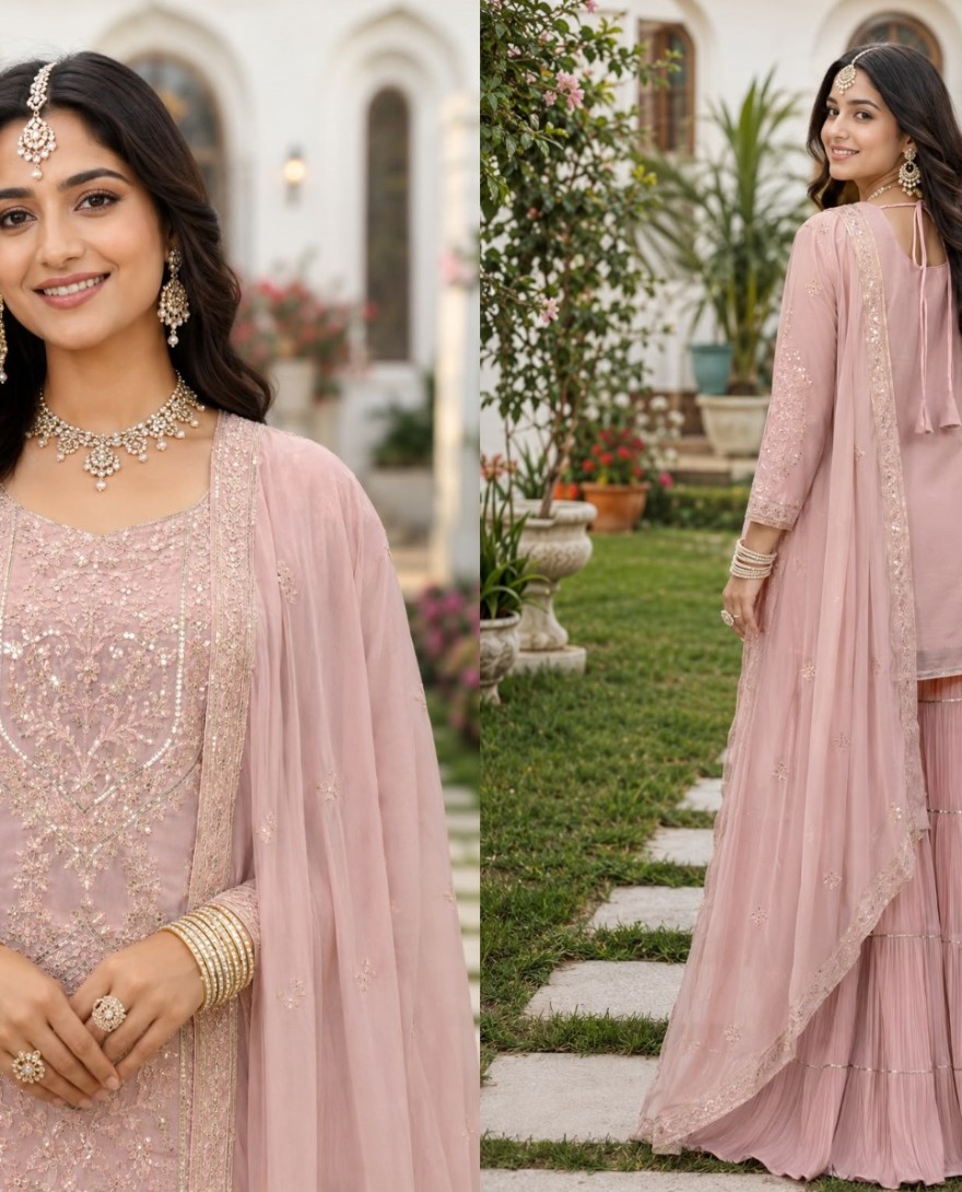 PINK - Pink Georgette Chikankari and Embroidered Work Palazzo Salwar Suit for Ceremonial