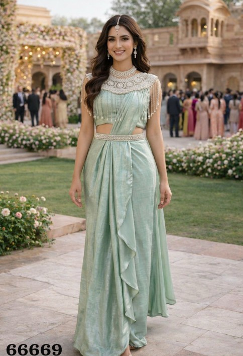 Green Satin Classic Saree with Embroidered Work