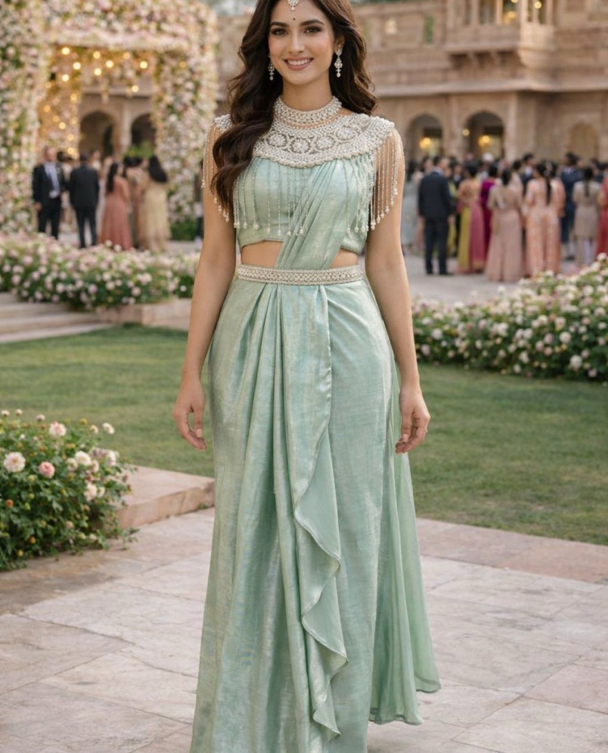 GREEN - Green Satin Classic Saree with Embroidered Work