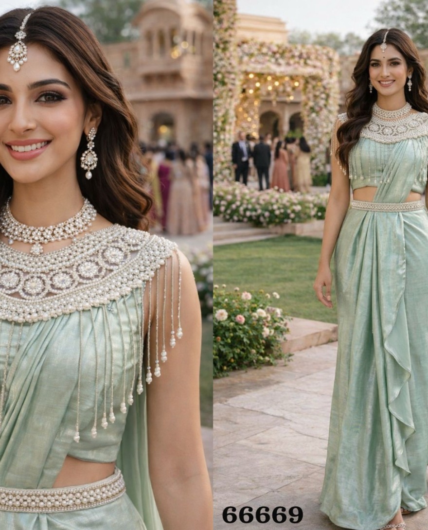 GREEN - Green Satin Classic Saree with Embroidered Work