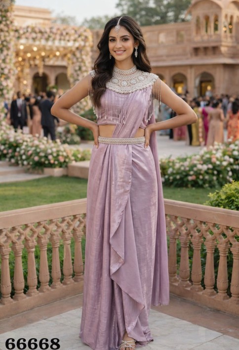 Lavender Satin Contemporary Sari with Embroidered Work