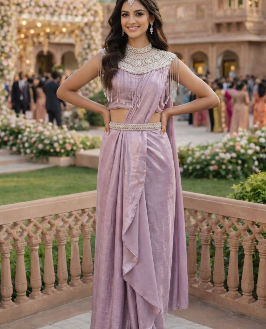 PINK - Lavender Satin Contemporary Sari with Embroidered Work