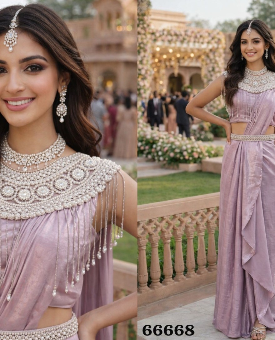 PINK - Lavender Satin Contemporary Sari with Embroidered Work