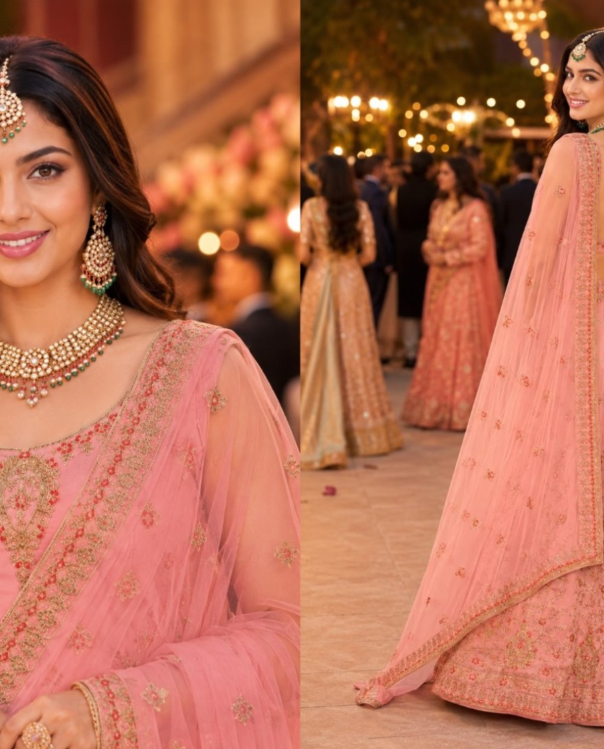 PINK - Pink Satin Lehenga Choli with Embroidered and Stone Work