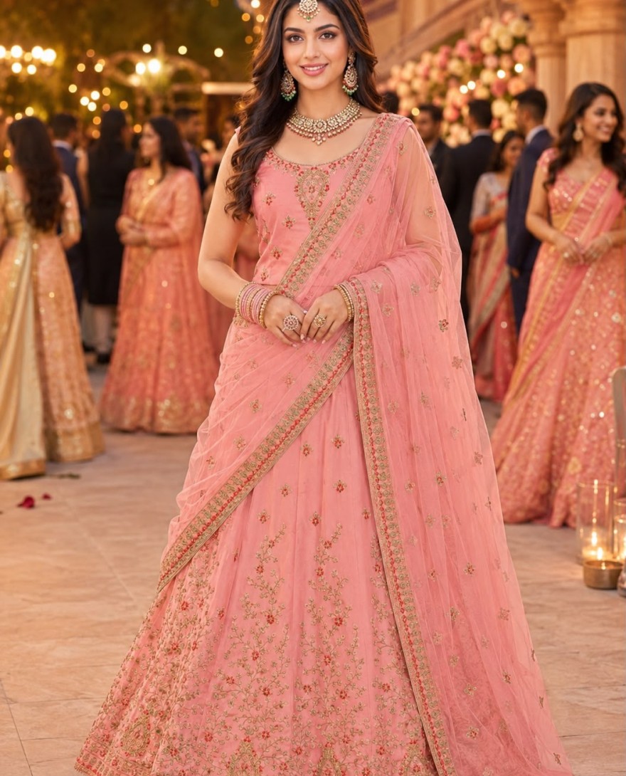 PINK - Pink Satin Lehenga Choli with Embroidered and Stone Work