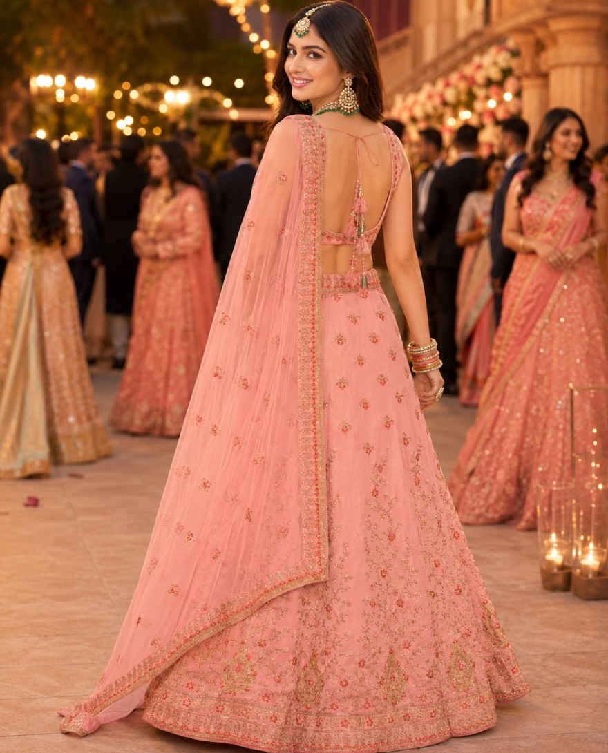 PINK - Pink Satin Lehenga Choli with Embroidered and Stone Work