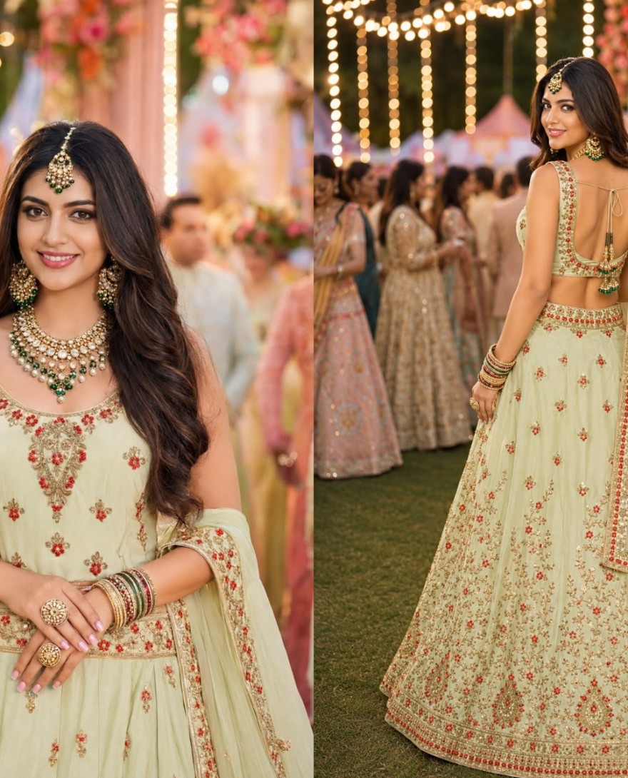 GREEN - Green Satin Embroidered and Stone Work Readymade Lehenga Choli