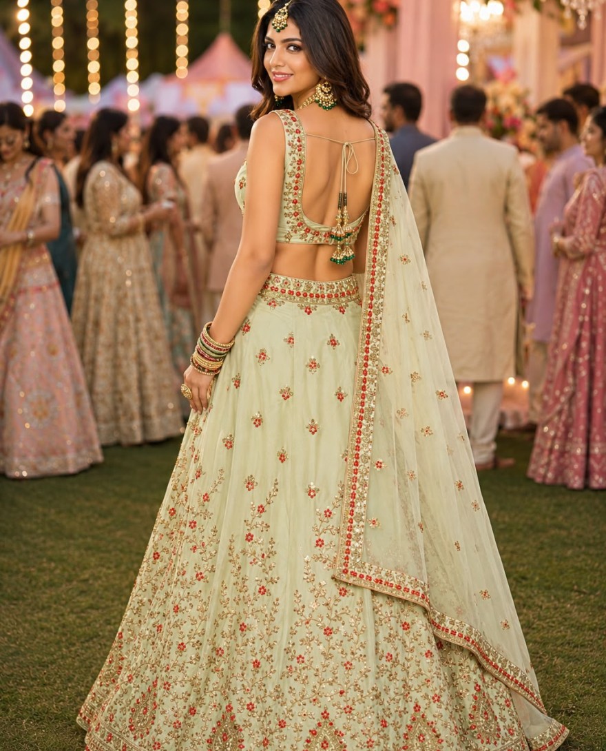 GREEN - Green Satin Embroidered and Stone Work Readymade Lehenga Choli