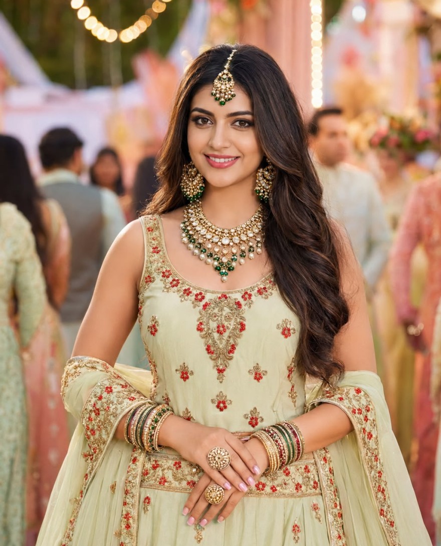 GREEN - Green Satin Embroidered and Stone Work Readymade Lehenga Choli