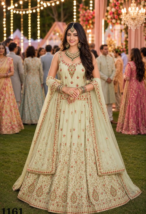 Green Satin Embroidered and Stone Work Readymade Lehenga Choli