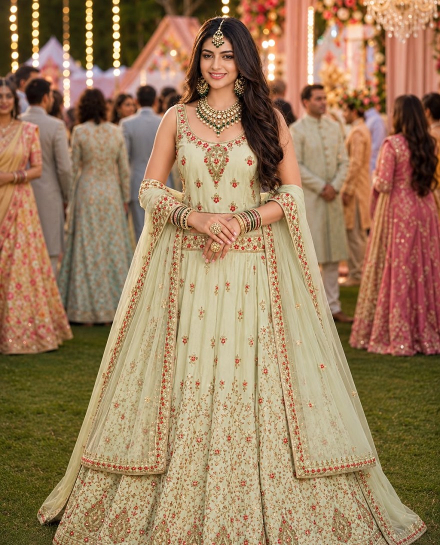 GREEN - Green Satin Embroidered and Stone Work Readymade Lehenga Choli