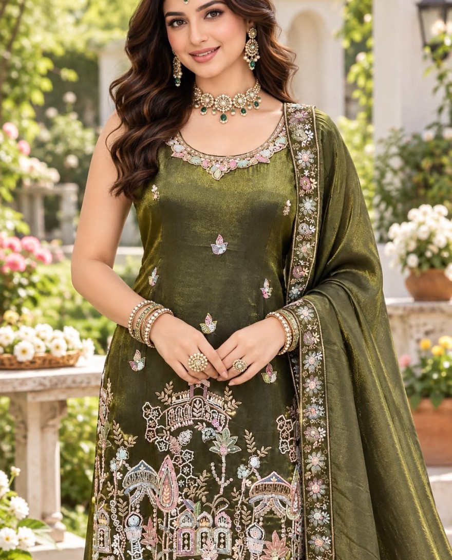 GREEN - Green Beads and Embroidered Work Silk Salwar Suit