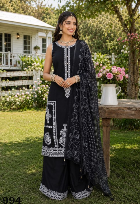 Embroidered Work Chinon Salwar Suit In Black Colour