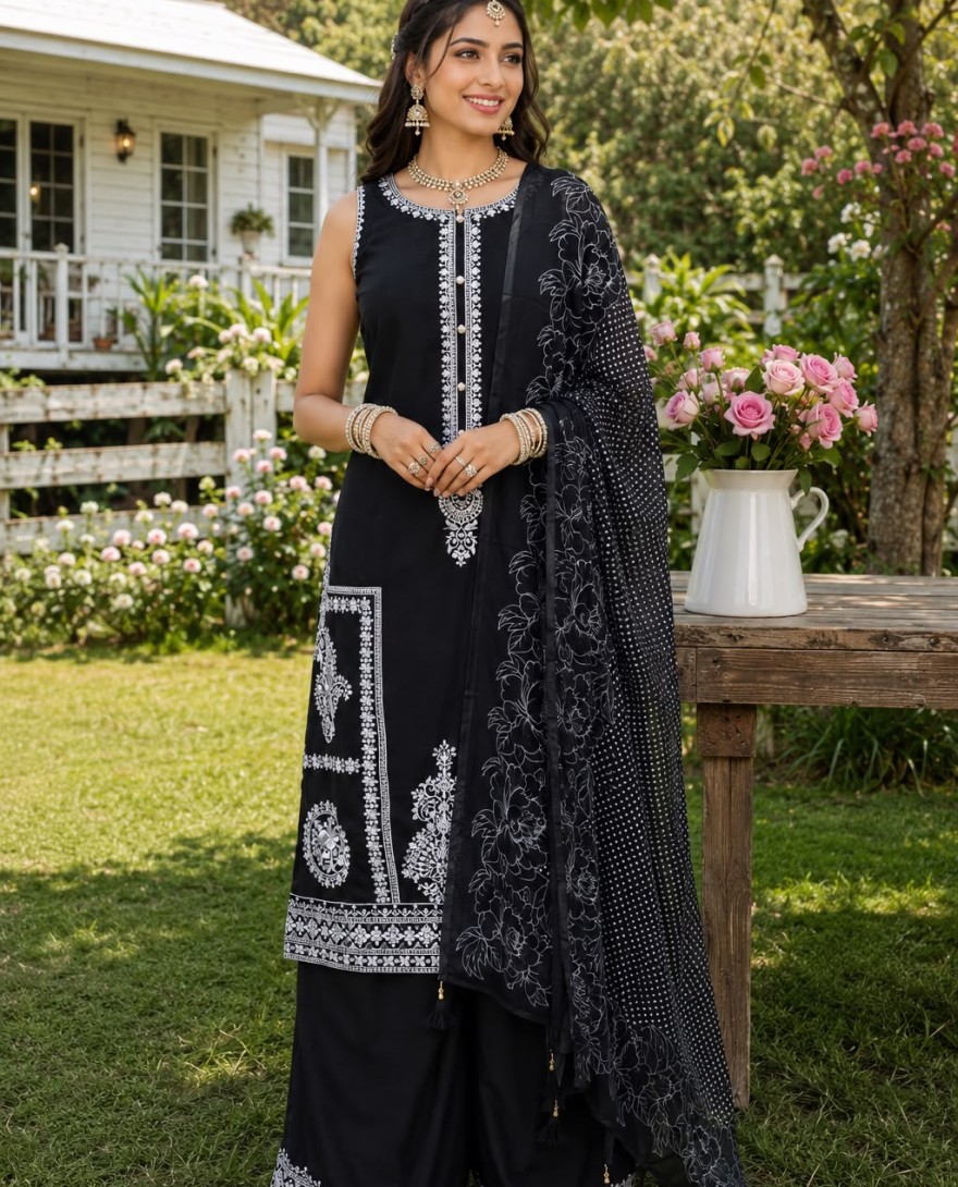 BLACK - Embroidered Work Chinon Salwar Suit In Black Colour
