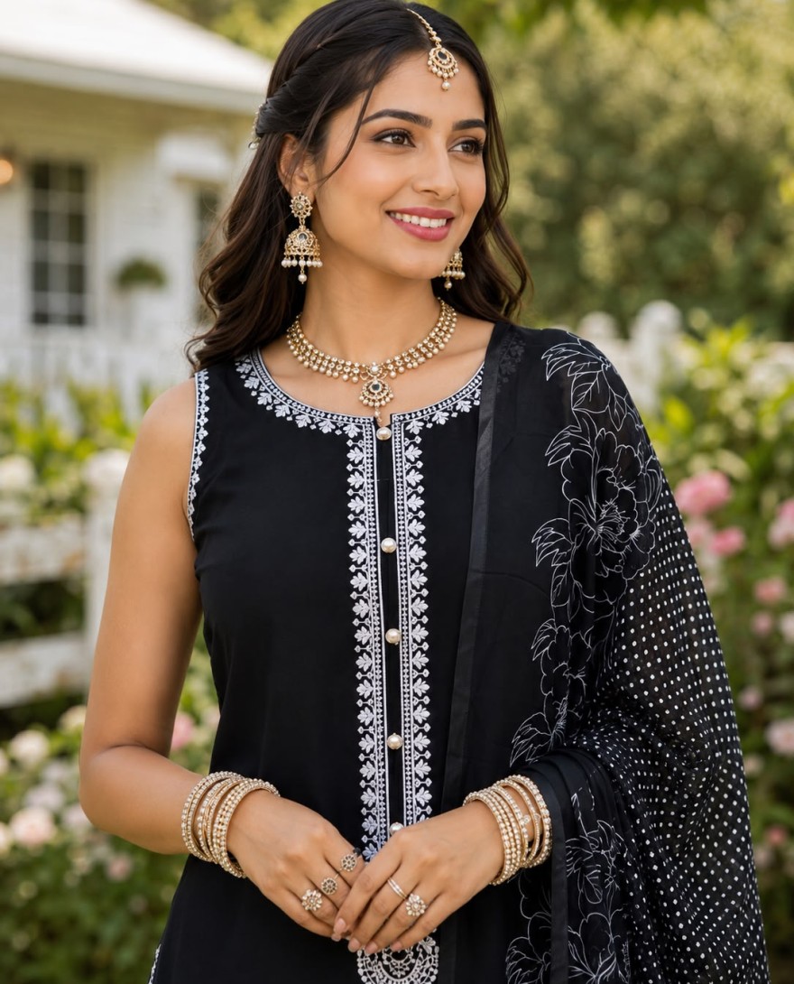 BLACK - Embroidered Work Chinon Salwar Suit In Black Colour