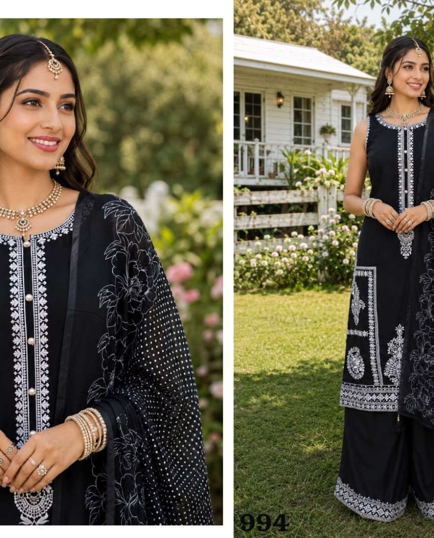 BLACK - Embroidered Work Chinon Salwar Suit In Black Colour