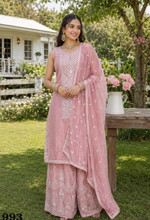Pink Chinon Palazzo Salwar Suit with Embroidered Work