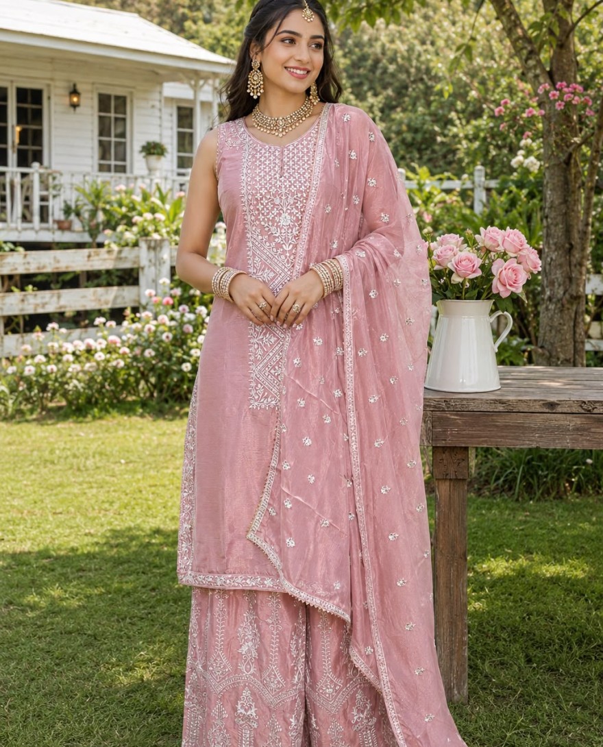 PINK - Pink Chinon Palazzo Salwar Suit with Embroidered Work