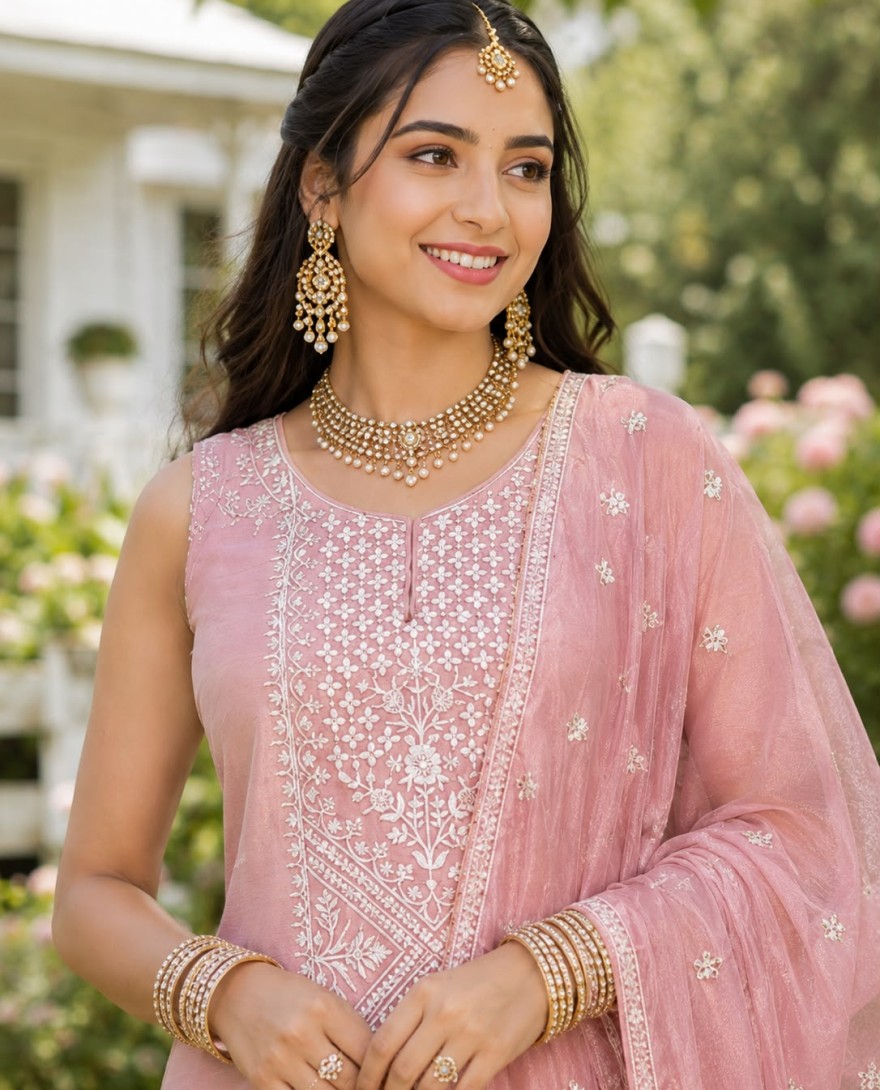 PINK - Pink Chinon Palazzo Salwar Suit with Embroidered Work