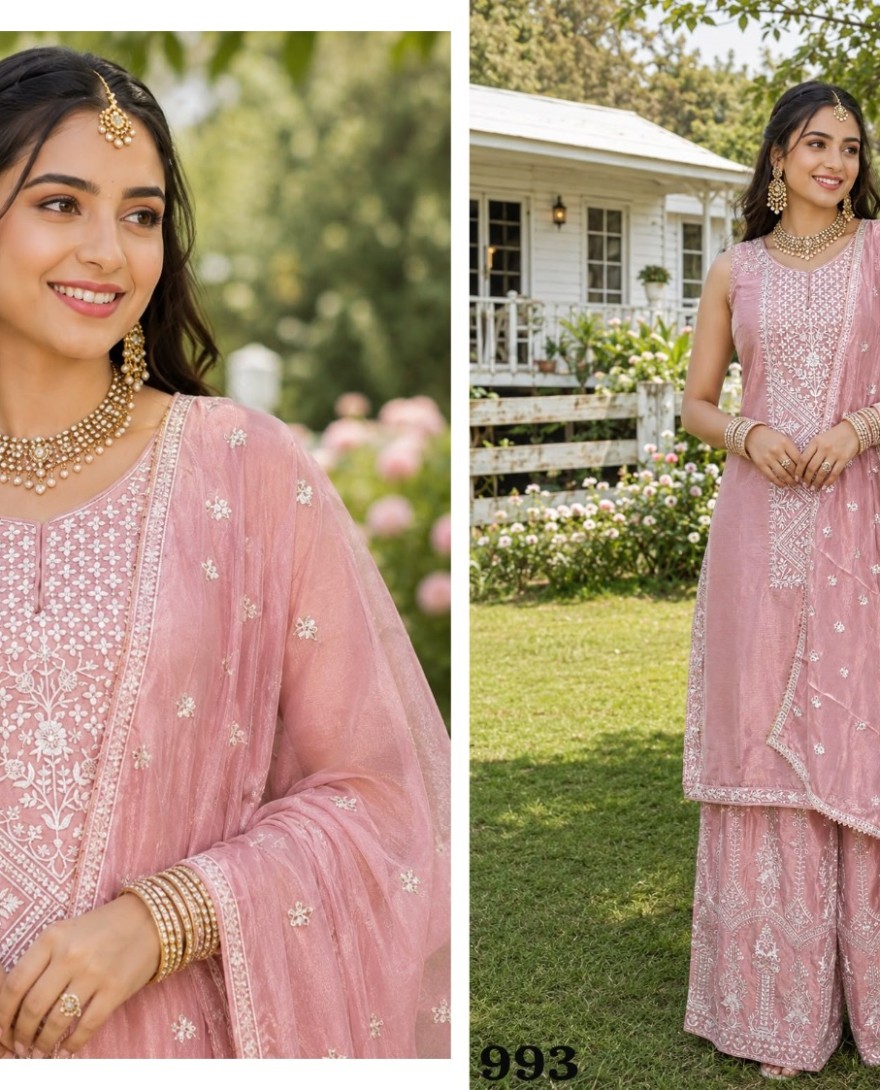 PINK - Pink Chinon Palazzo Salwar Suit with Embroidered Work