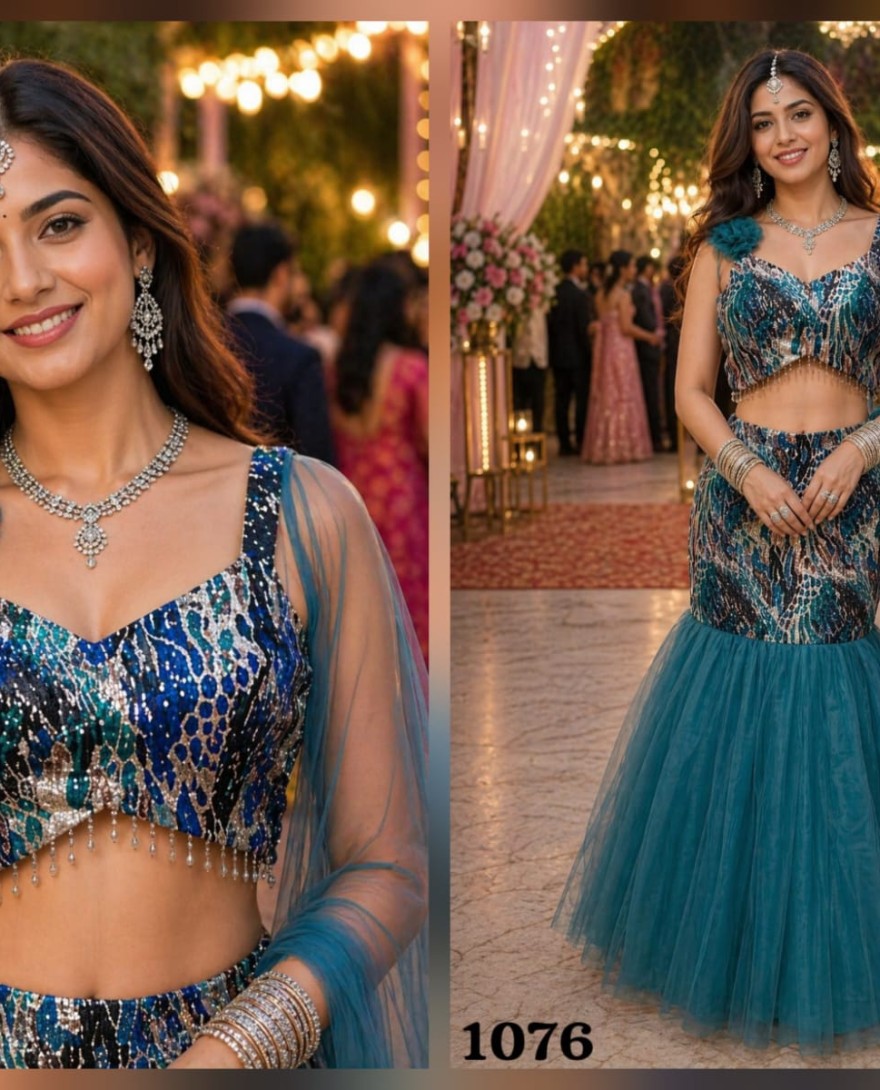 BLUE - Teal Net Sequins Work Lehenga Choli for Ceremonial
