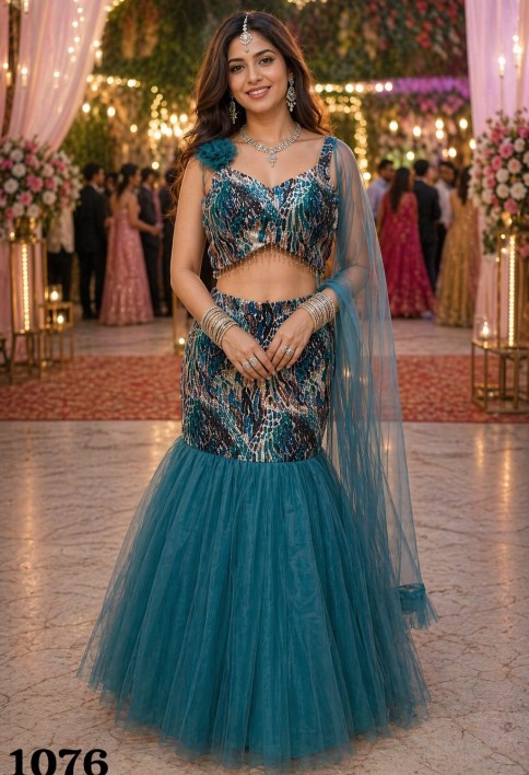Teal Net Sequins Work Lehenga Choli for Ceremonial
