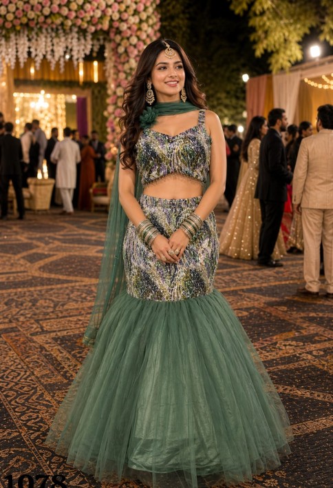 Green Net Sequins Work Lehenga Choli