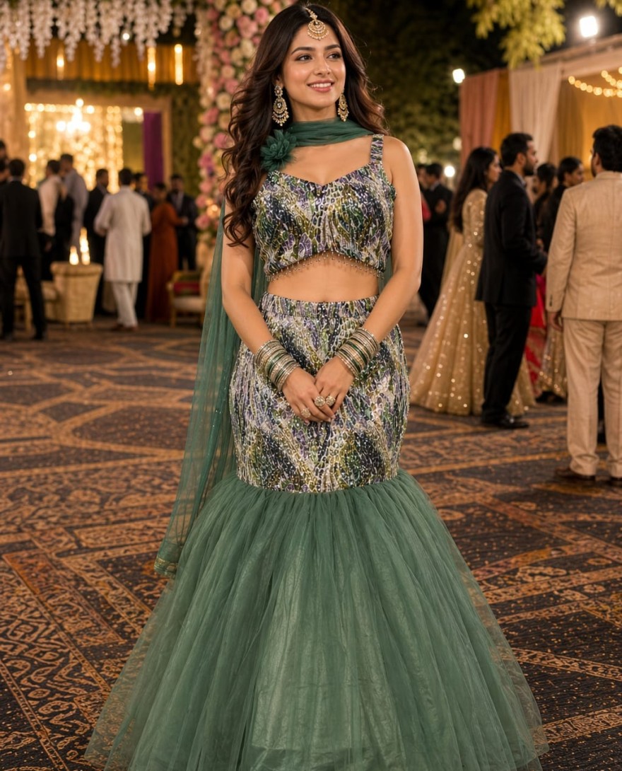 GREEN - Green Net Sequins Work Lehenga Choli