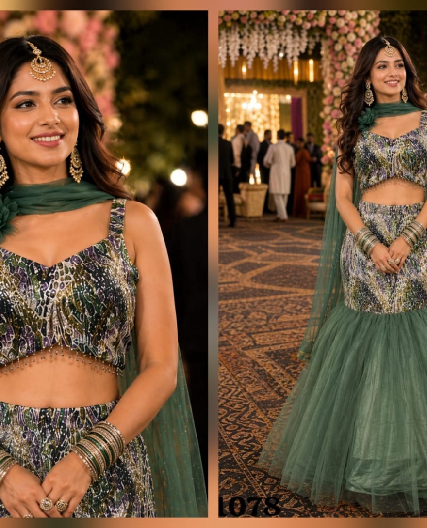 GREEN - Green Net Sequins Work Lehenga Choli
