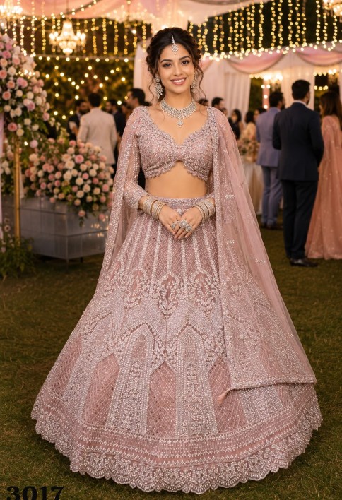 Pink Net Embroidered and Thread Work Readymade Lehenga Choli