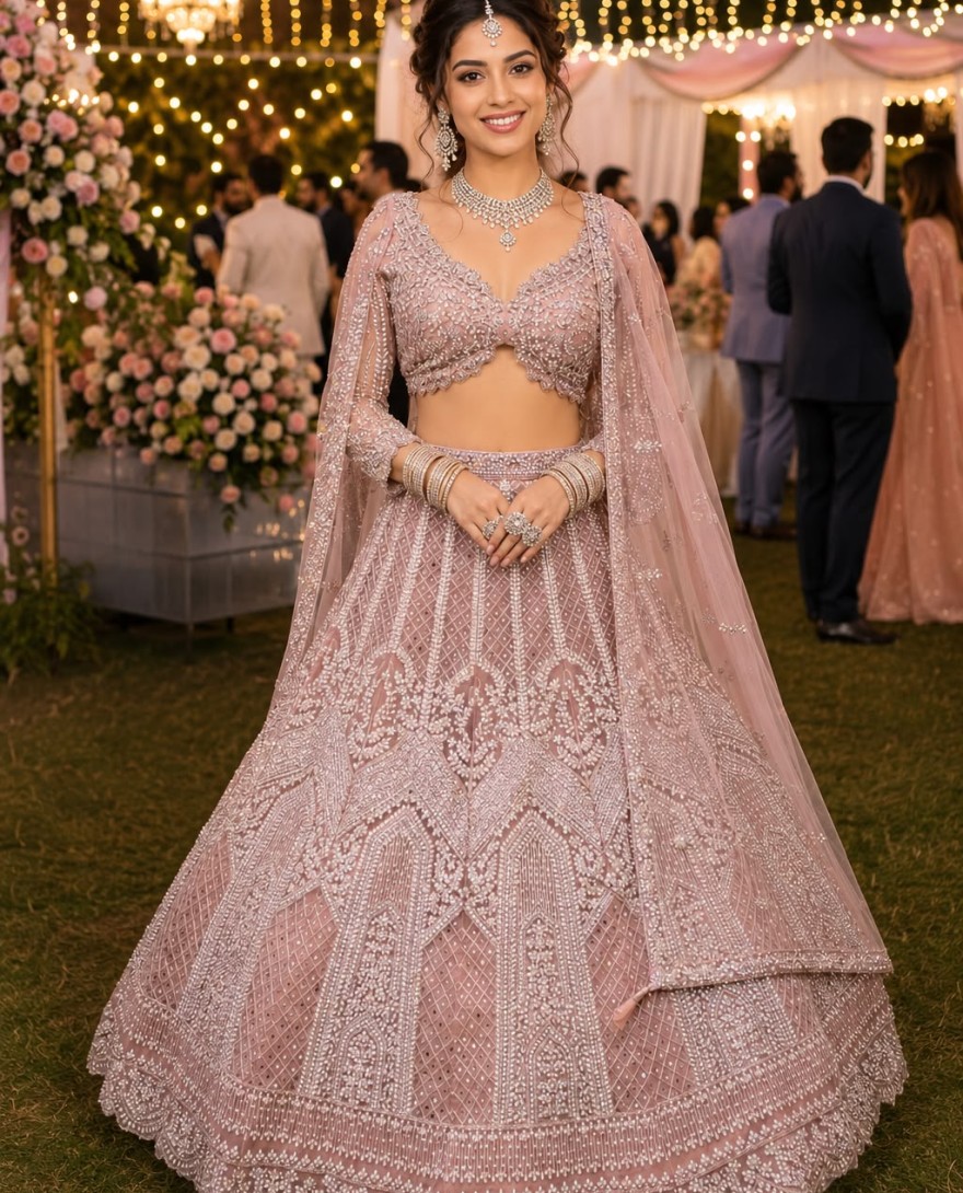 PINK - Pink Net Embroidered and Thread Work Readymade Lehenga Choli