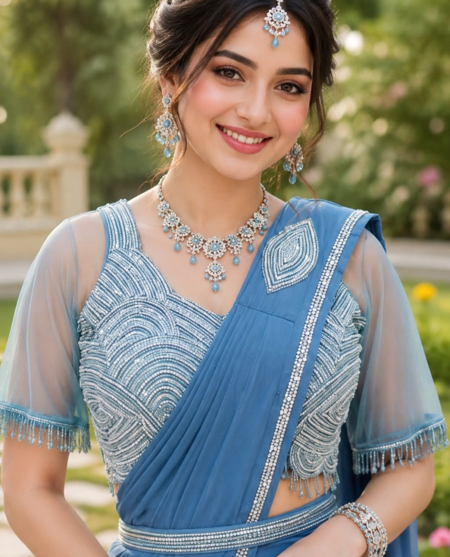 Blue - Aqua Blue Embroidered Work Lycra Contemporary Saree