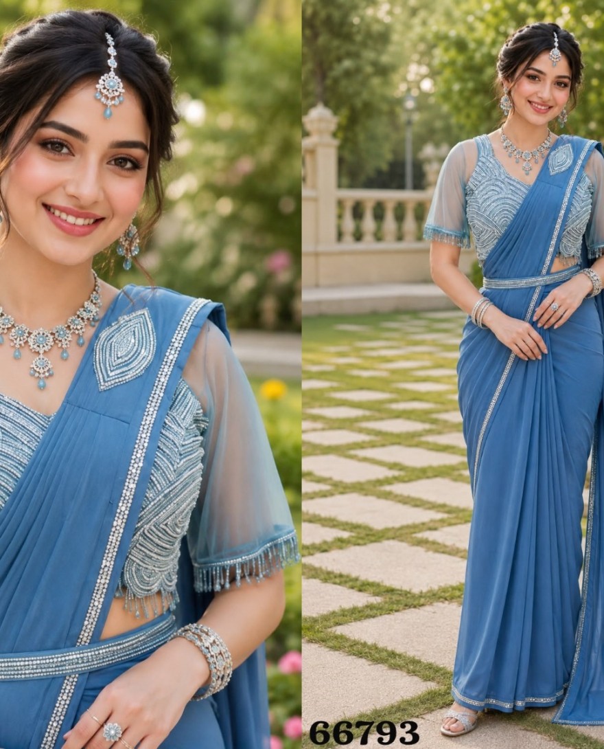 Blue - Aqua Blue Embroidered Work Lycra Contemporary Saree
