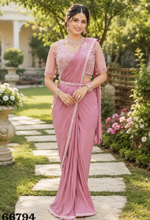 Pink Lycra Embroidered Work Classic Saree for Ceremonial