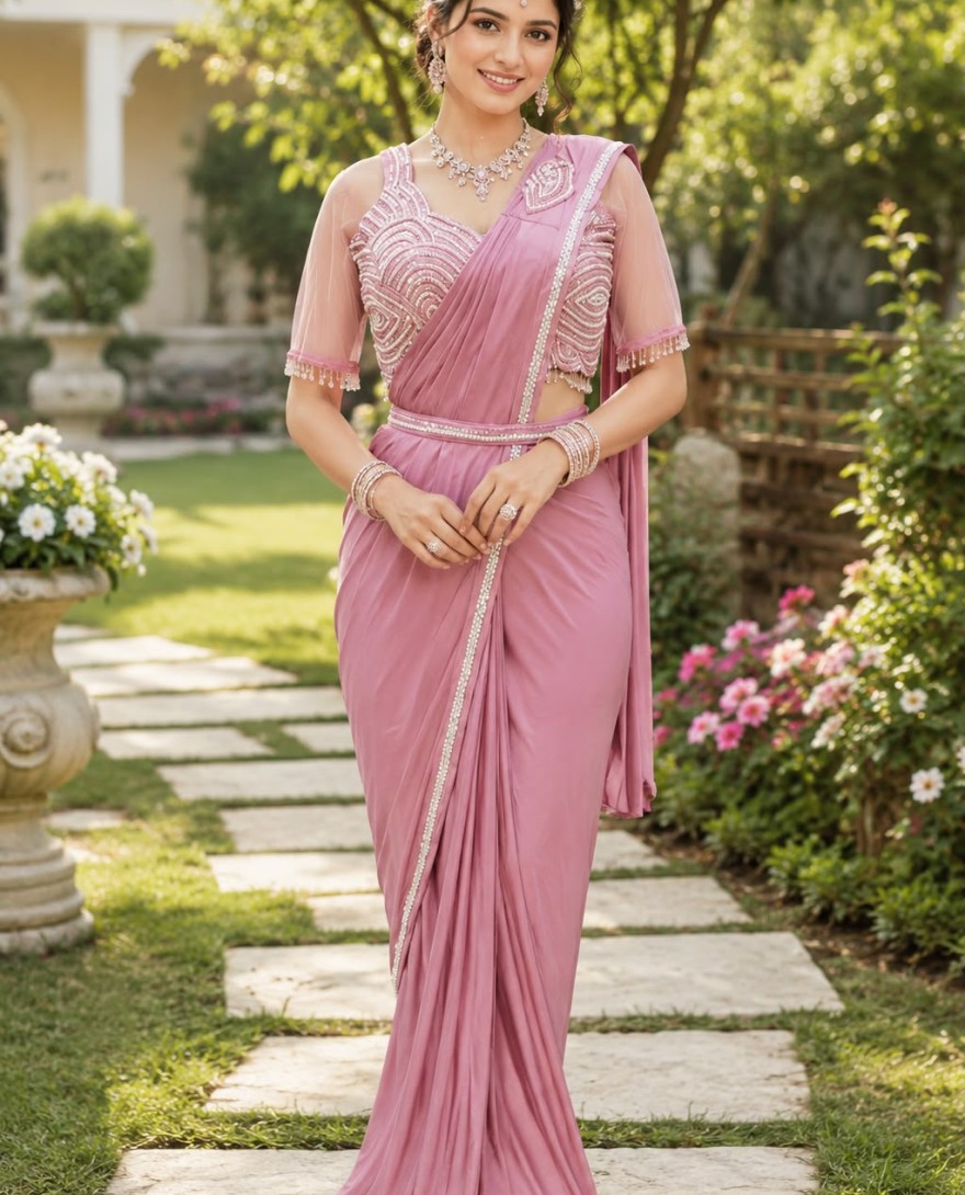 PINK - Pink Lycra Embroidered Work Classic Saree for Ceremonial