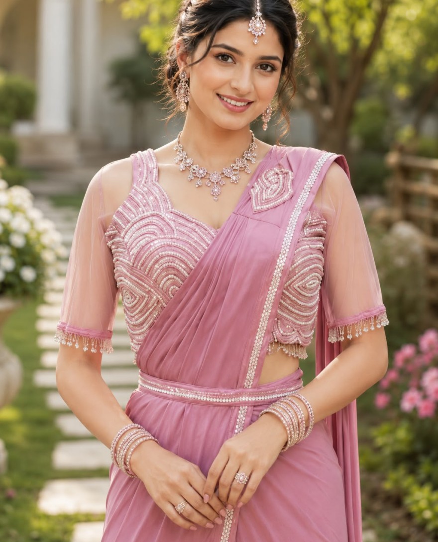 PINK - Pink Lycra Embroidered Work Classic Saree for Ceremonial
