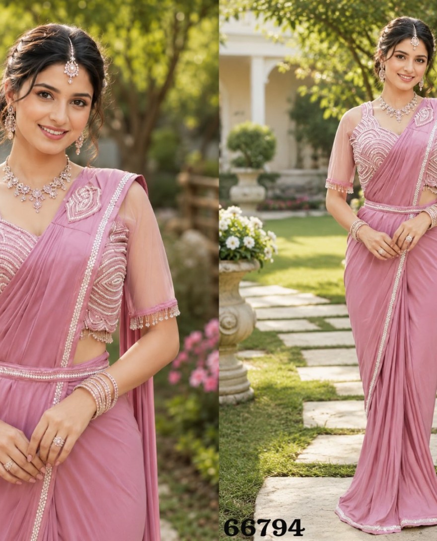 PINK - Pink Lycra Embroidered Work Classic Saree for Ceremonial