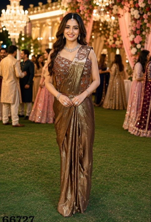 Brown Satin Embroidered Work Contemporary Saree for Ceremonial