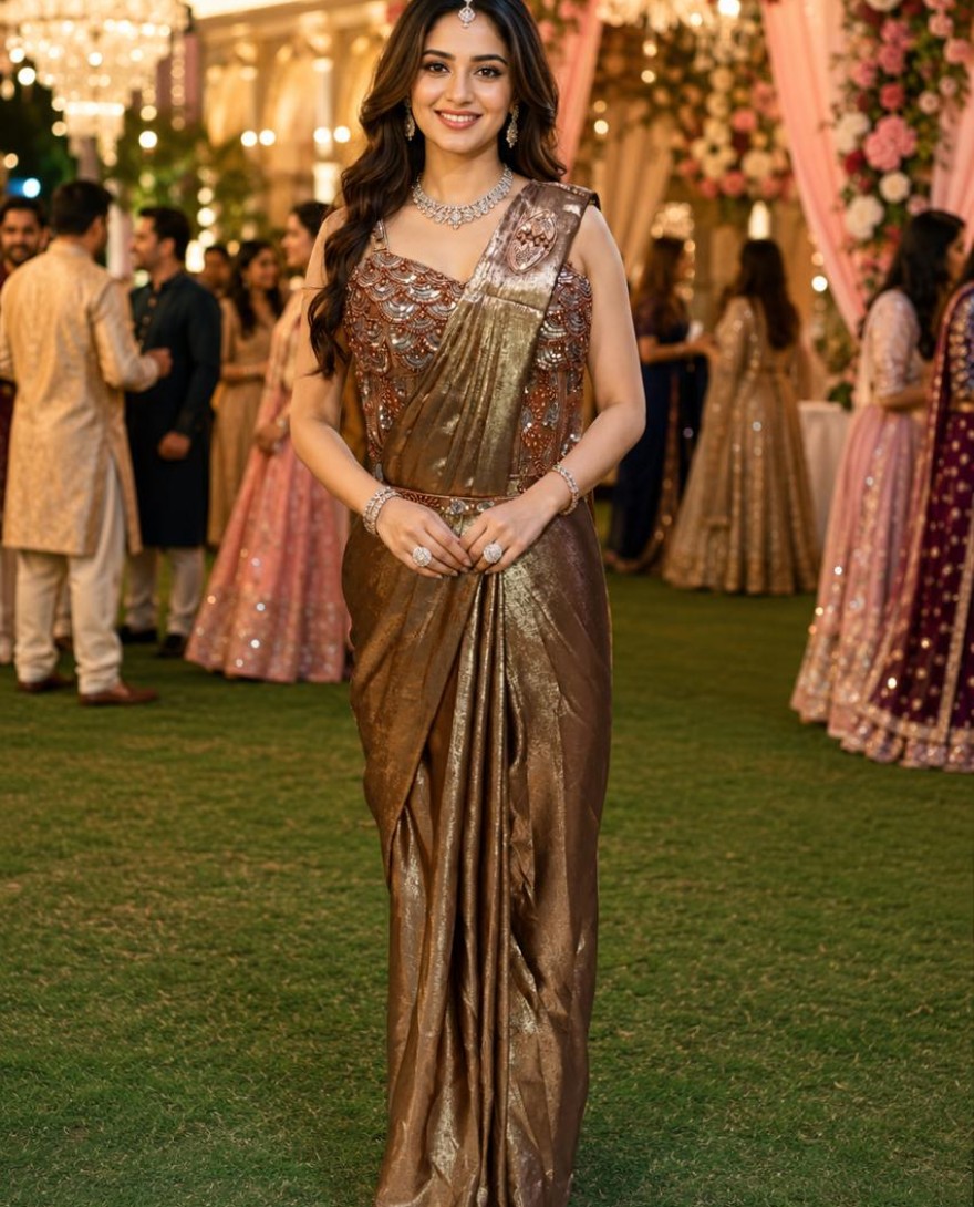 BROWN - Brown Satin Embroidered Work Contemporary Saree for Ceremonial