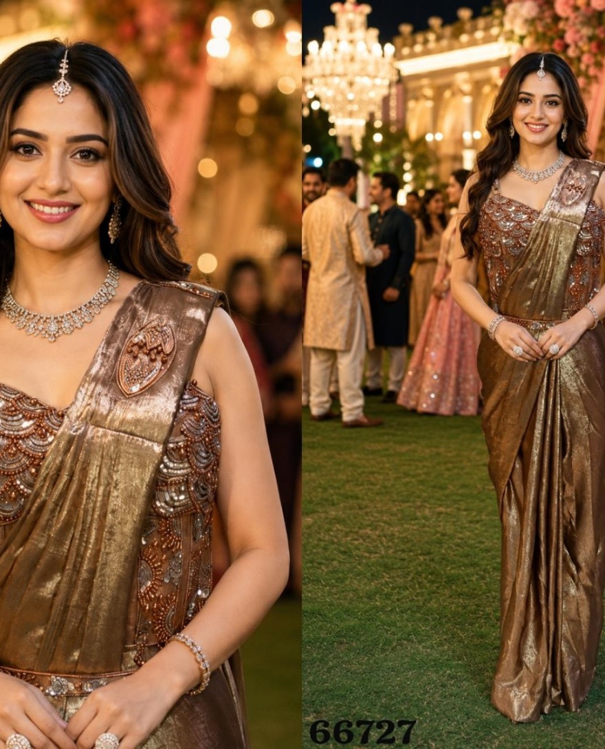 BROWN - Brown Satin Embroidered Work Contemporary Saree for Ceremonial