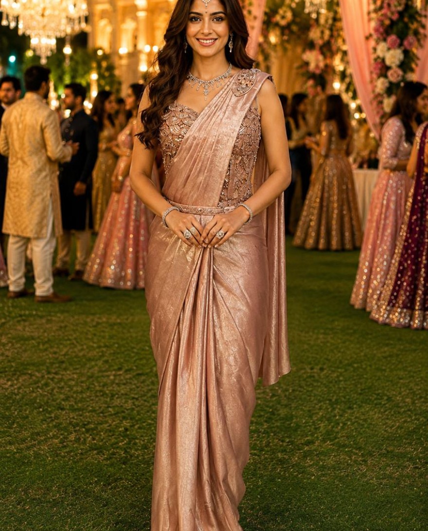 PINK - Pink Satin Embroidered Work Classic Sari