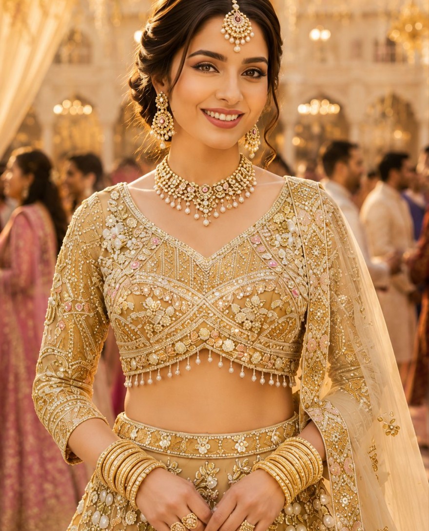GOLDEN - Net Lehenga Choli In Gold Colour